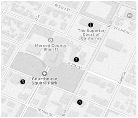 Map of Merced Courthouse locations in Merced