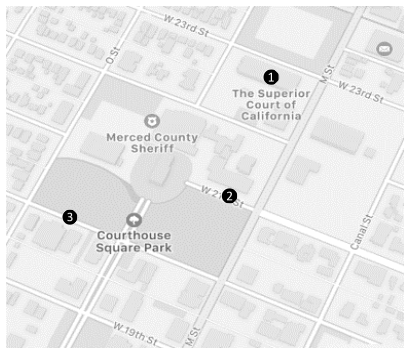 Map of Merced Courthouse locations in Merced